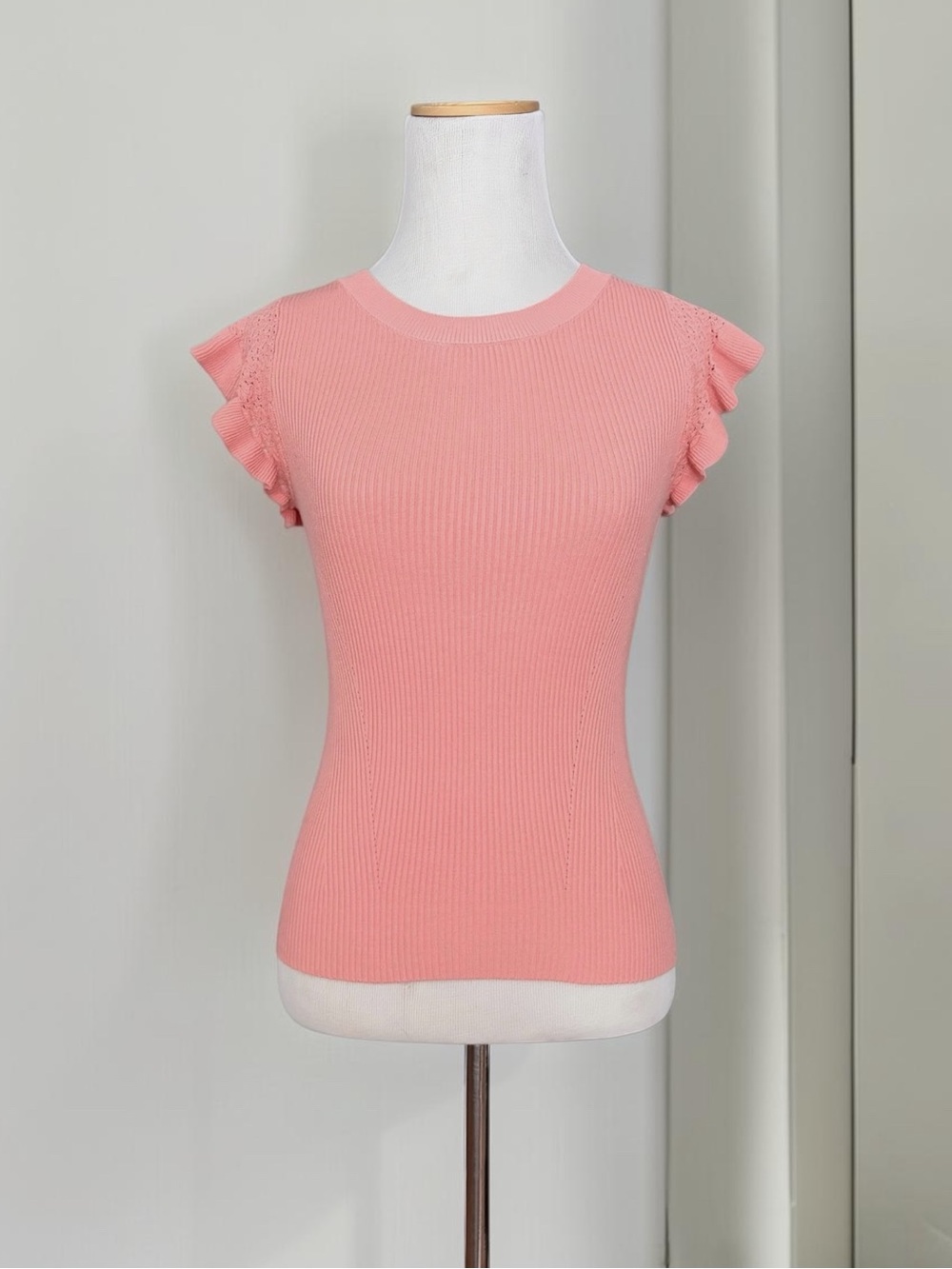 Muse Coral Pink Ribbed Knit Ruffle Sleeve Top